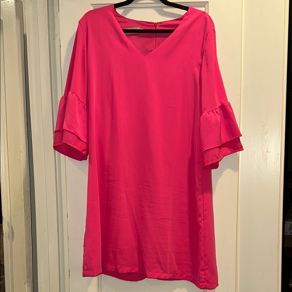 Vibrant Pink V-Neck Dress with Ruffle Sleeves